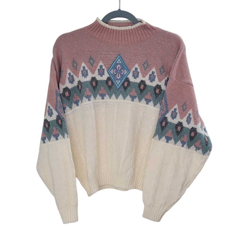 62 East‎ Vintage 80s Pink Cream Fair Isle Cable Knit Mock Neck Sweater Size 8